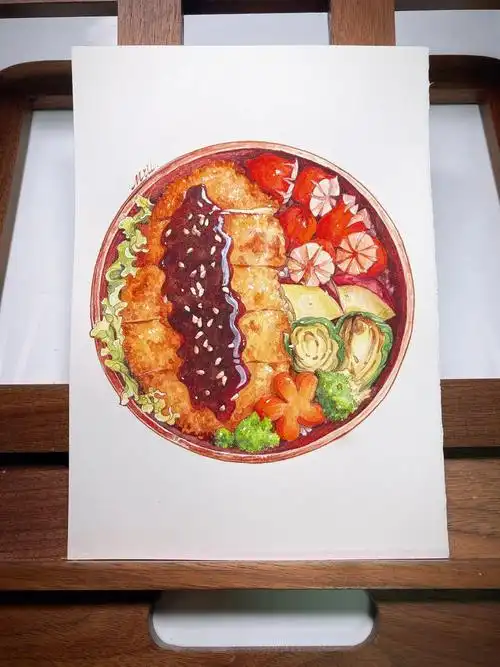 手绘水彩美食插画炸猪排饭附线稿