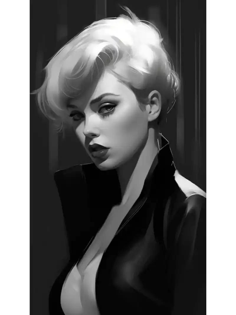 midjourney黑白极简主义 关键词:斯嘉丽·约翰逊,黑色和白色,超级简约