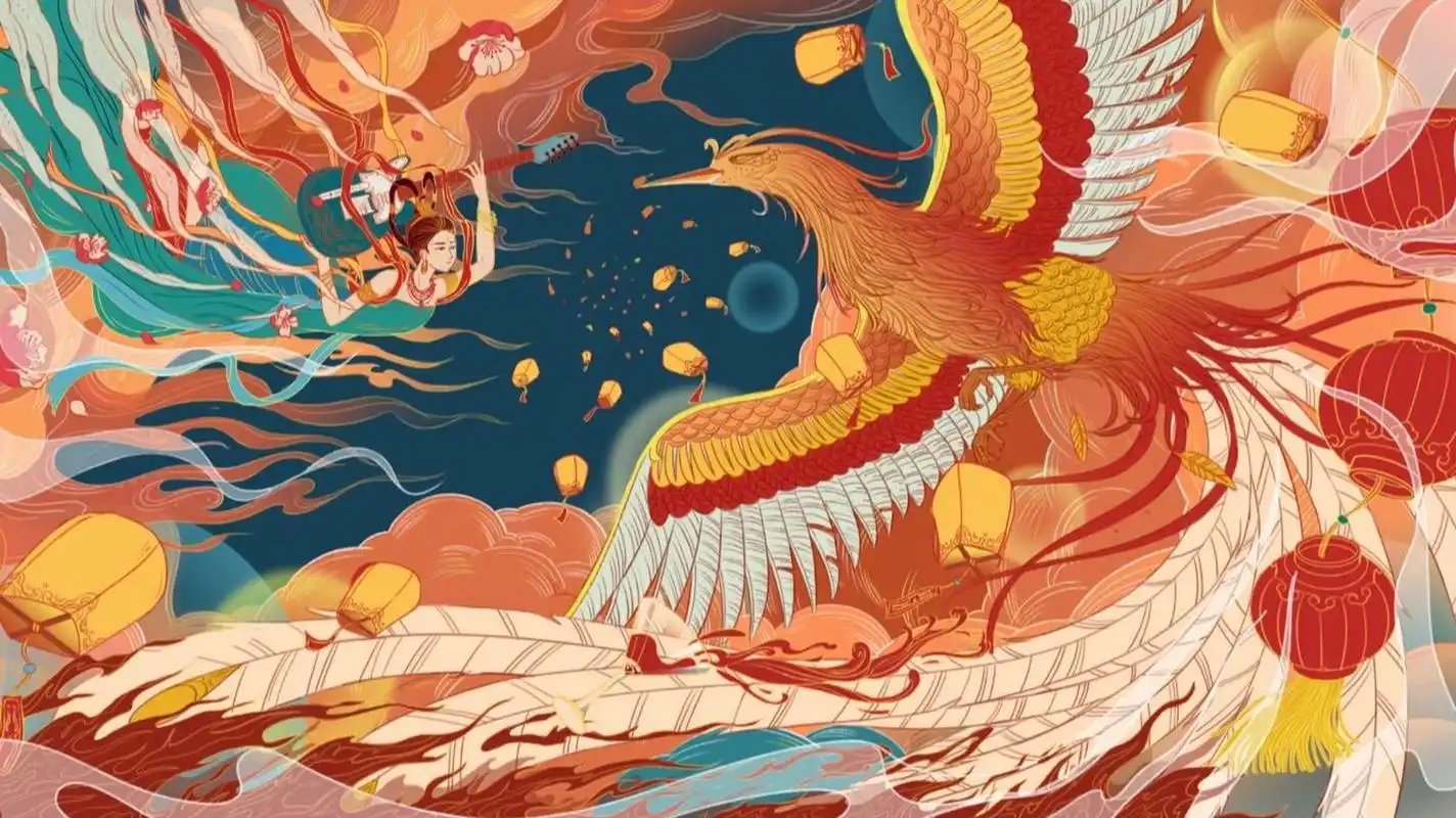 国风插画——凤凰涅槃,浴火重生 在公司画的一张国潮插画,以凤凰为