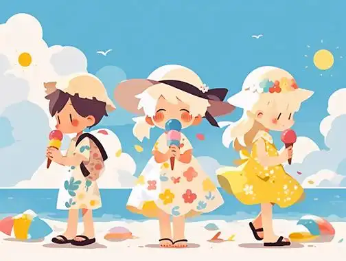 夏日夏季孩子开心的吃冰激凌甜筒的卡通风格插画平面矢量夏天夏季五彩