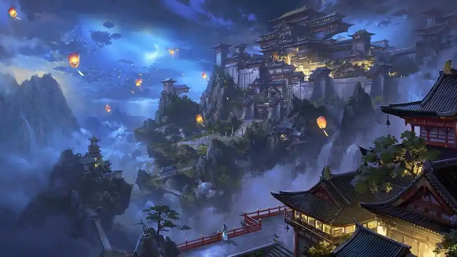 壁纸 中国风景,城市,山,树,灯笼,复古,水彩画