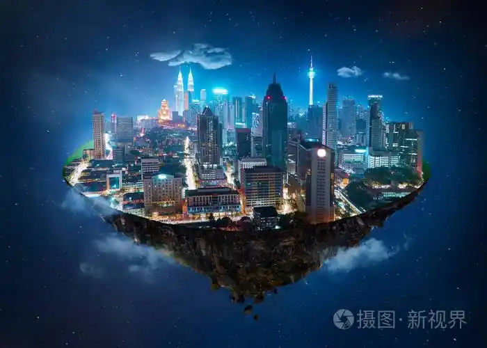 梦幻岛漂浮在空中与现代城市的地平线上多云的夜空背景