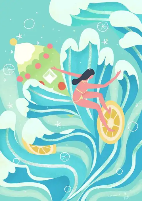 夏天水果奶茶冲浪插画