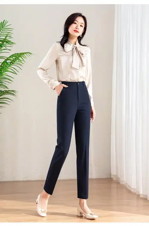 藏蓝九分西装裤女2022年夏季高腰显瘦女裤通勤烟管裤职业直筒西裤seus