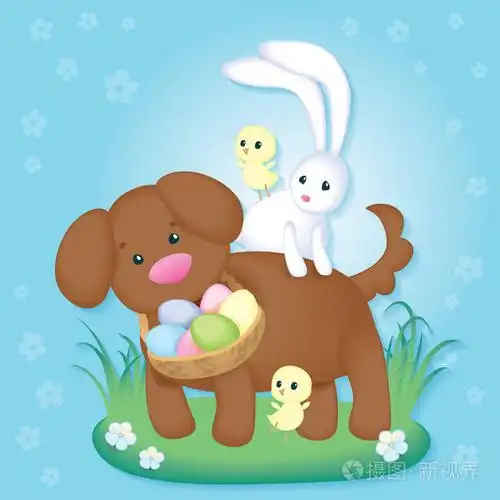 复古复活节贺卡与可爱的小狗, 小鸡和复活节兔子
