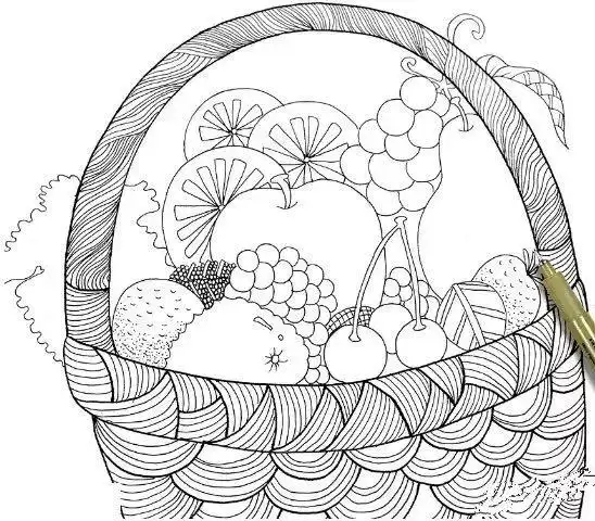 第四步:利用勾线笔画好暗面 同时调整水果和篮子的细节 ,使画面更加