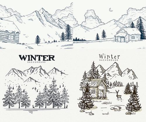 手绘冬季景色 线描素描冬天风景山脉树木插画 ai格式矢量设计素材