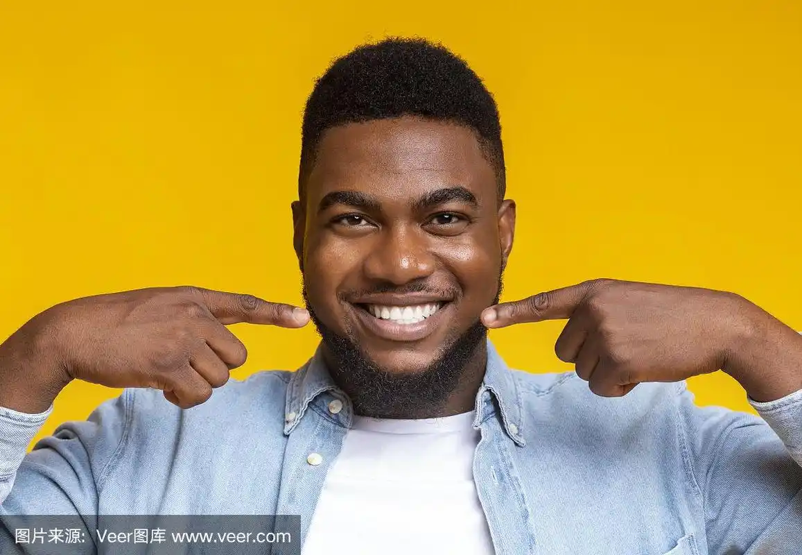 英俊的黑人男子微笑和显示完美的牙齿的特写