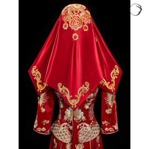 红盖头结婚蕾丝透明中式复古婚礼新娘盖头纱红色秀禾服盖头网纱薄-mc