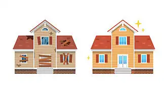 新旧破郊区小屋正面视图,改造城市建筑,修复房屋外观,家庭维修服务