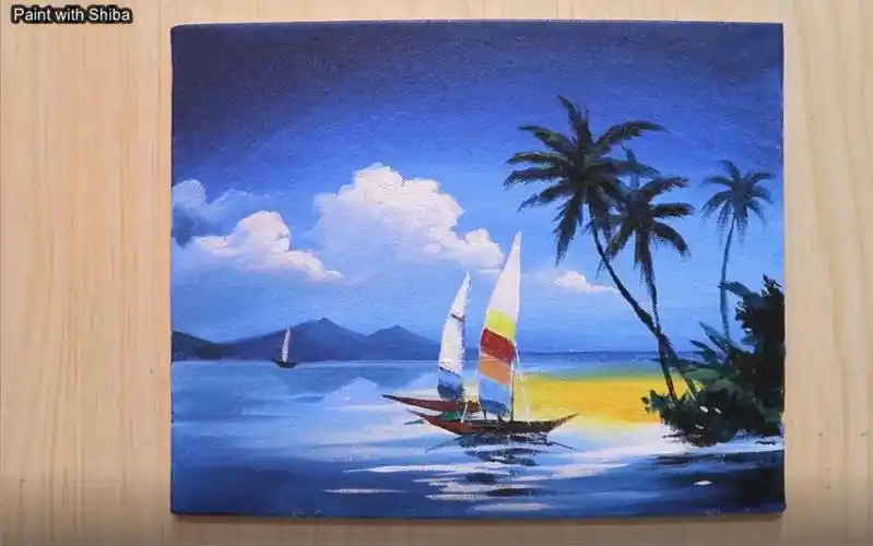 (水粉|丙烯)夏日海滩上的小帆船 paint with shiba