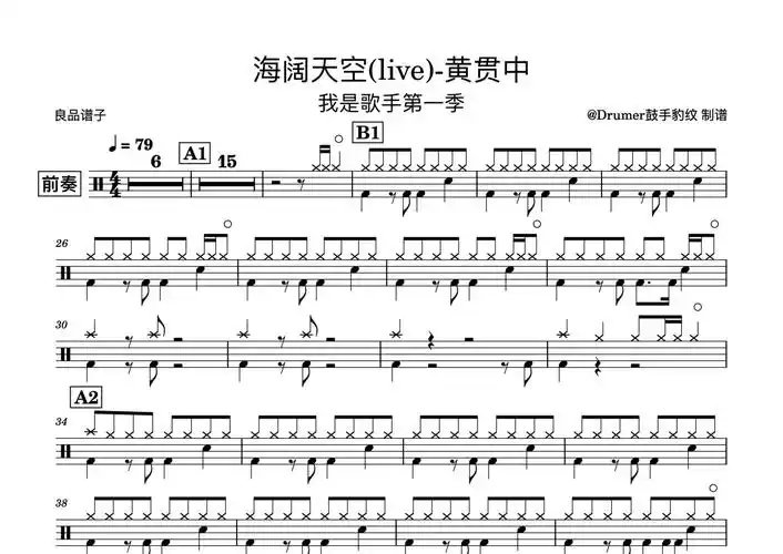 黄贯中《海阔天空》鼓谱_架子鼓谱_我是歌手第1张