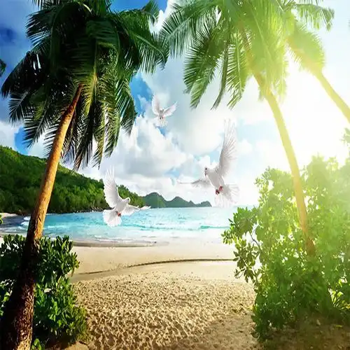 特价壁纸大海沙滩风景墙纸_3d蓝天白云海边海景壁画高清电视背景墙