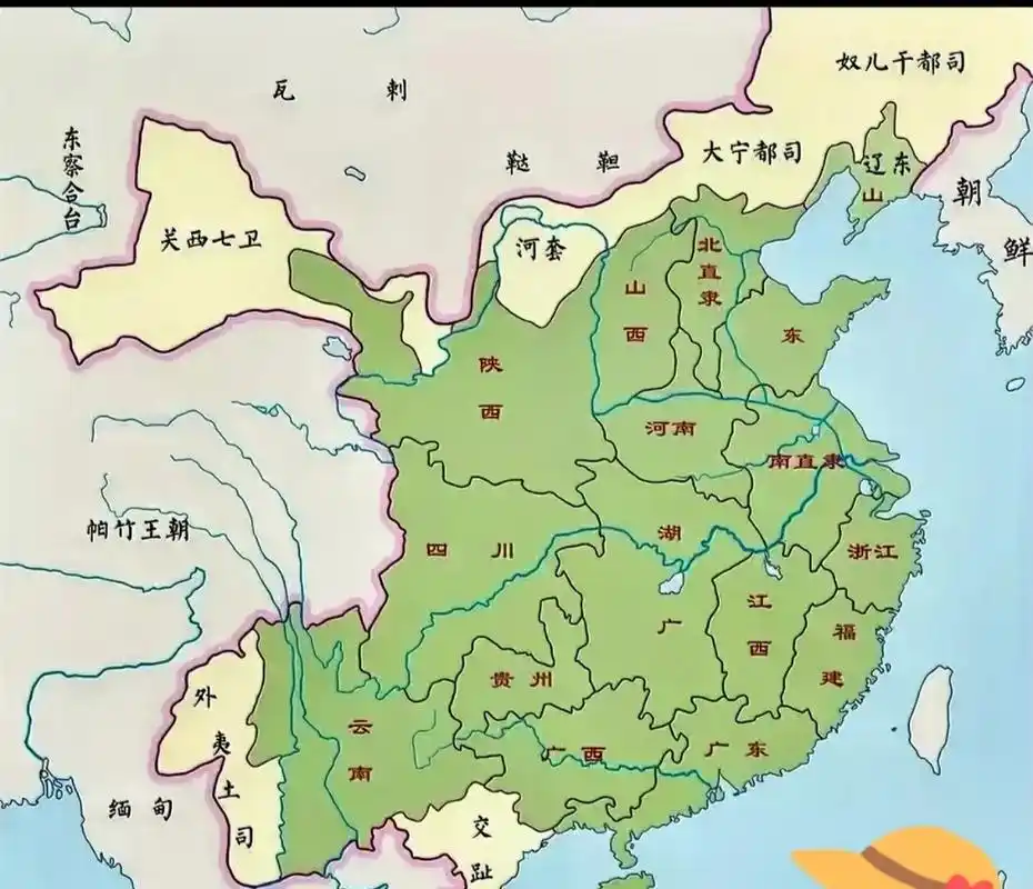 浅色是大明巅峰时控制的领土,朱棣自己放弃了大宁和河