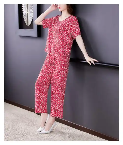 富贵鸟棉绸套装女时尚外穿夏季两件装九分阔腿裤口袋显瘦气质 6188-13