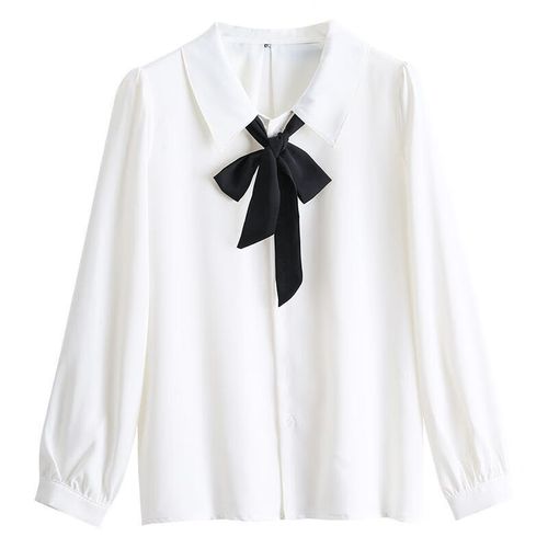 冉同女士衬衣带领结雪纺蝴蝶结衬衫女法式蝴蝶结领白色雪纺衬衫女春秋