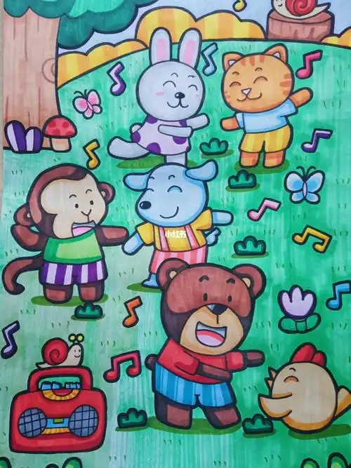 儿童画马克笔画动物音乐会含线稿
