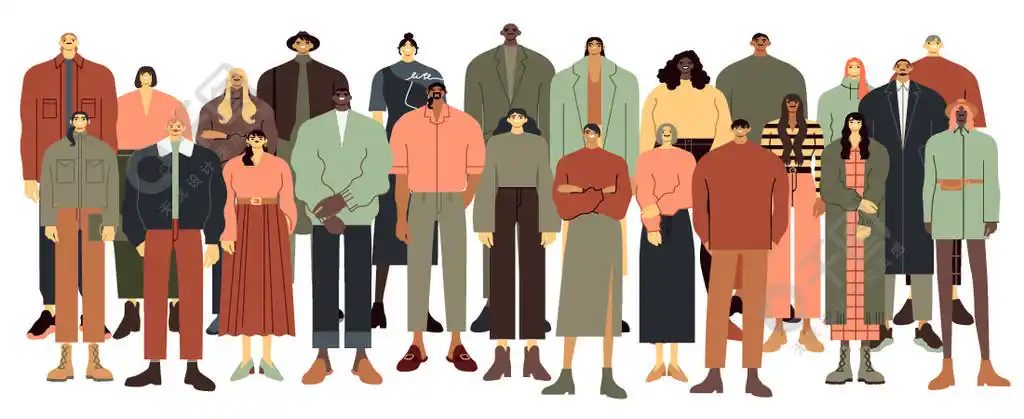 多种族学生人群,多民族年轻人站在一起矢量图.