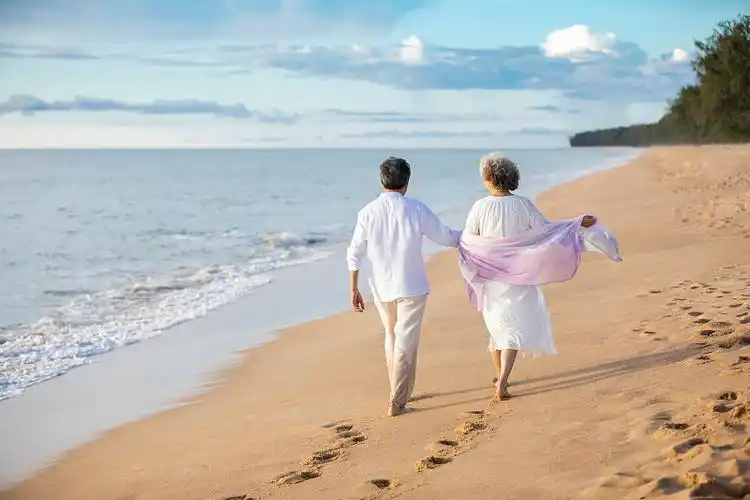 快乐的老年夫妇在沙滩散步图片下载