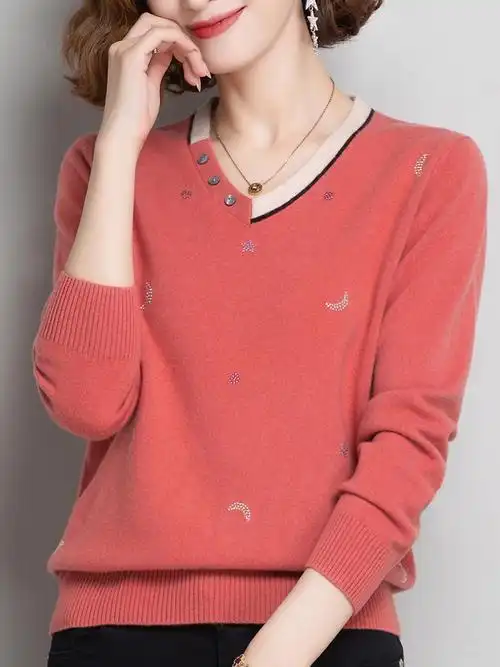 100纯羊毛衫秋冬女士毛衣v领套头打底衫中年妈妈针织衫鸡心领上衣