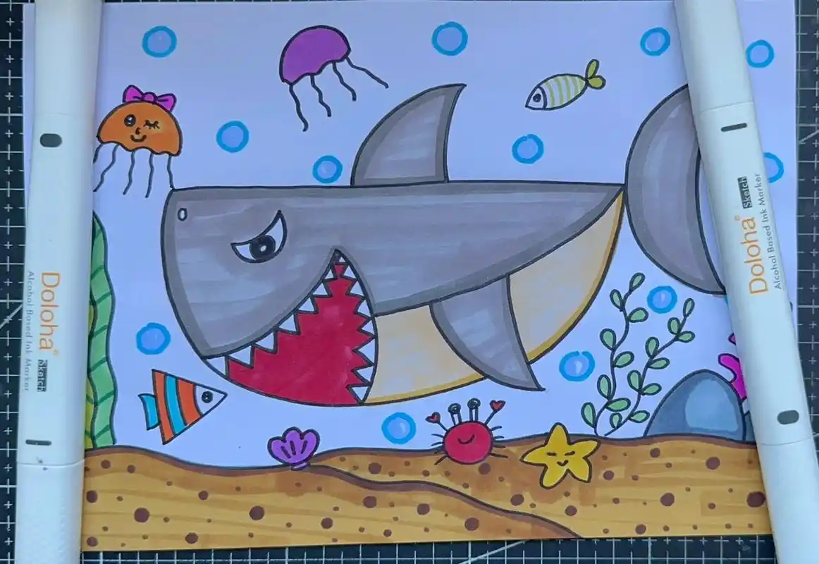 海底世界鲨鱼来了儿童画 鲨鱼创意画 适合小朋友完成73 多乐绘马克
