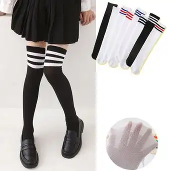 儿童过膝袜春夏季三条杠小腿袜学院风儿童袜子透气中长筒女童棉袜