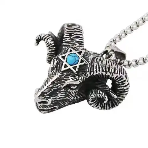 复古朋克撒旦公羊头吊坠钛钢男生潮人个性项链暗黑风六芒星挂坠