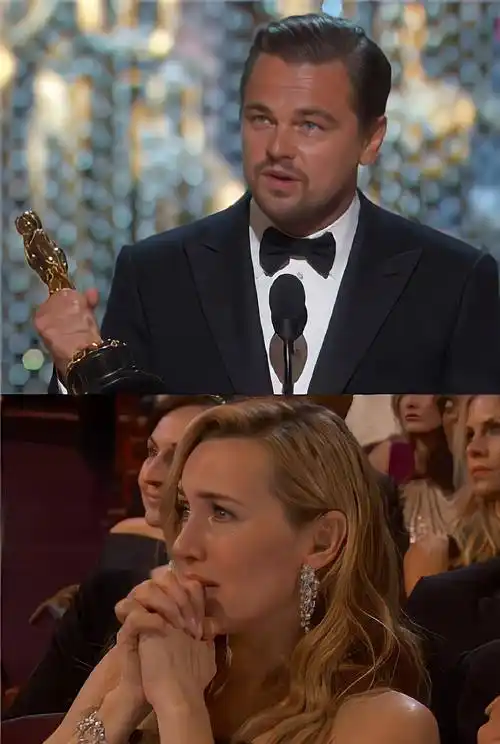 获得奥斯卡的那一刻,莱昂纳多得偿所愿,台下的红颜知己也为他的不易