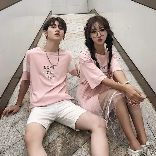 2019夏季新款学院风小清新情侣装连衣裙女韩版短袖t恤