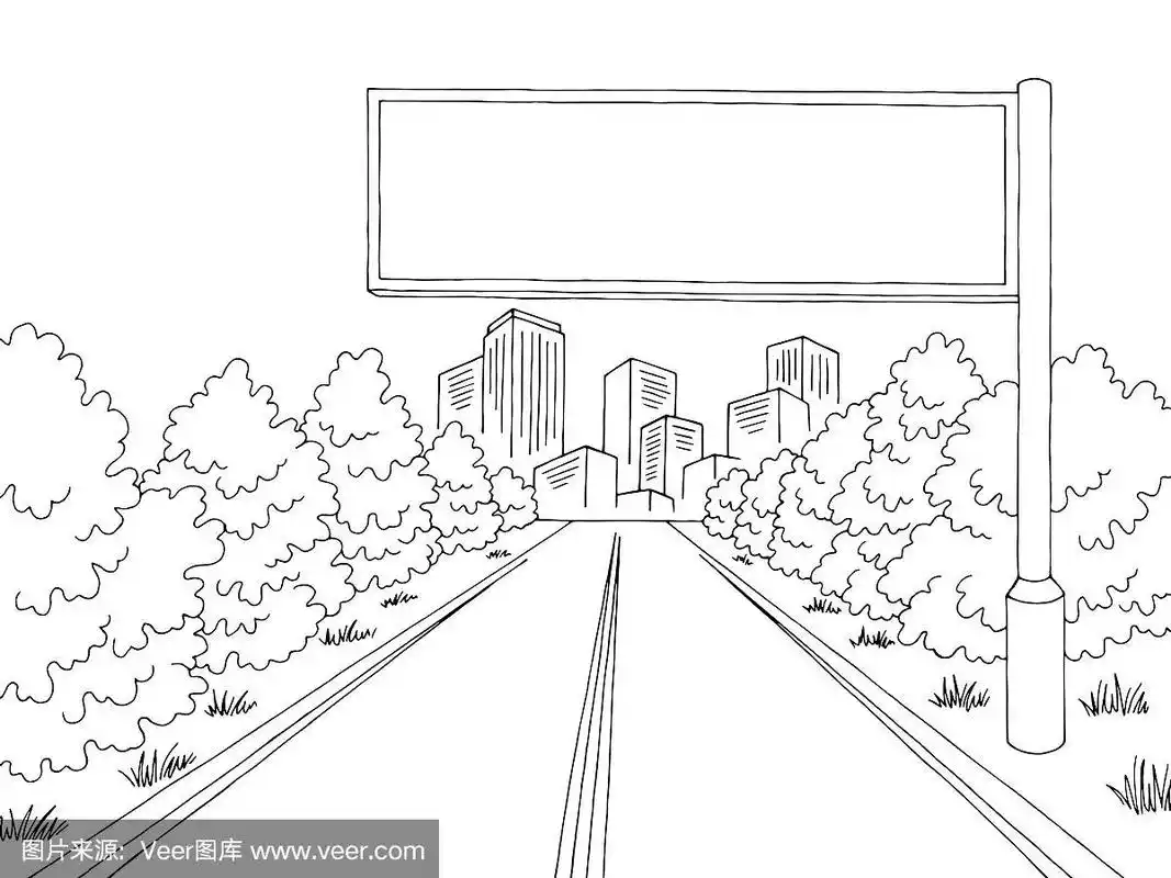 道路广告牌图形黑白城市街道景观素描插图矢量