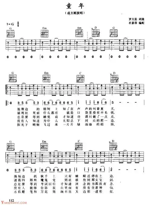 吉他弹唱经典歌曲《童 年》成方圆演唱_吉他曲谱