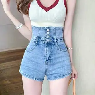 骅促粉超高腰牛仔短裤夏季女装修身显瘦热裤设计感小众薄款辣妹裤子子