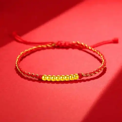 老庙硬足金八福临门八金珠红绳手绳黄金手链