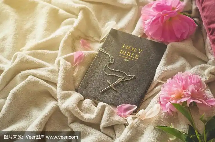 交叉与圣经.特写基督十字架和圣经与花