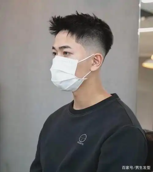 这款发型同样需要把两侧的头发剪光,然后顶区的头发往前翘,然后用发胶