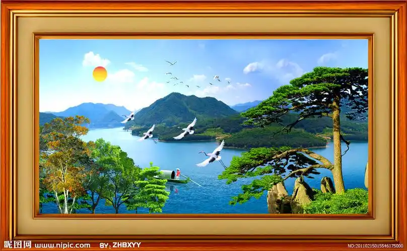 山水画风景画日出迎客松图片