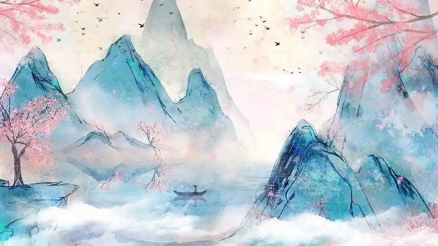 4k浪漫梦幻中国风满山桃花视频背景ae模板中国山水水墨背景