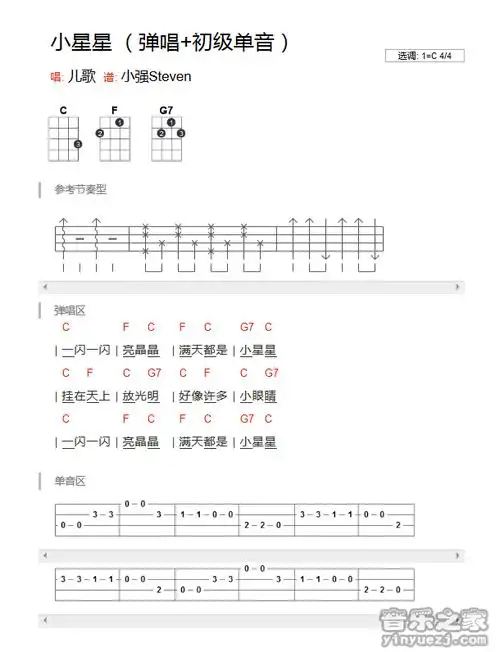 c调版 《小星星》尤克里里弹唱谱_吉他谱_简谱_尤克里里_吉他谱下载