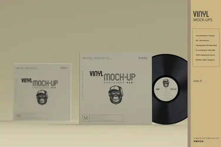 复古逼真黑胶唱片包装纸袋设计贴图样机模板 vinyl mockups