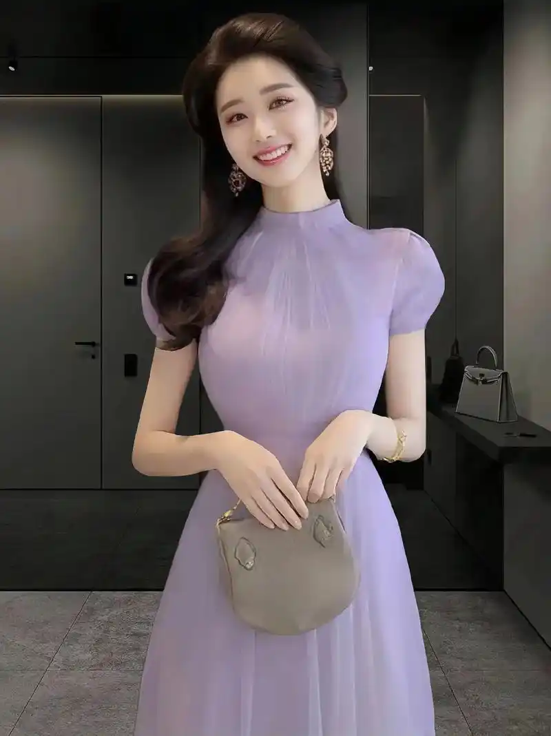 法式时尚气质女神范儿高级感温柔女神范高档紫色连衣裙