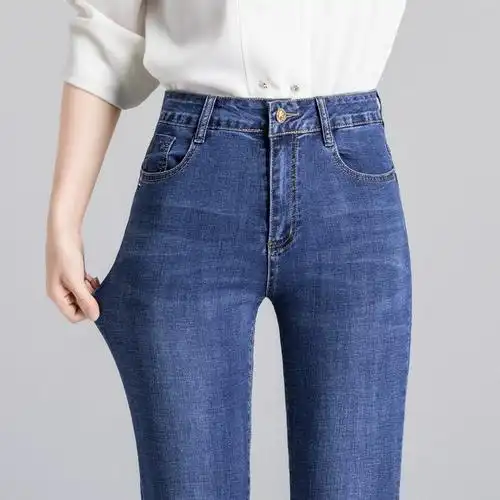 浅色中年女裤2022年春季薄款中高腰弹力大码胖mm直筒浅蓝色牛仔裤