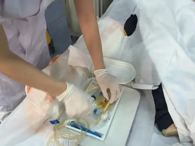 用镊子夹石蜡油棉球,润滑导尿管前端(女性病人润滑尿管前端至气囊后4