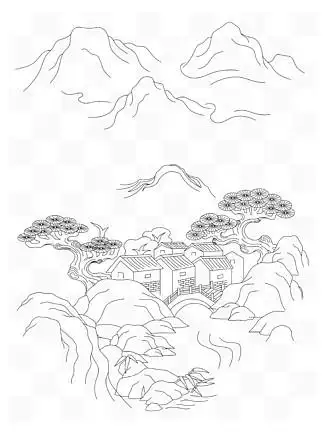 副手绘中国风江南山水风景背景图简笔画线条