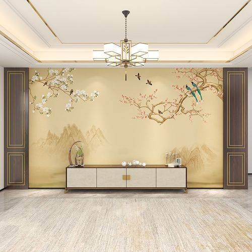 新中式电视背景墙壁纸现代简约山水装饰客厅花鸟壁画墙纸影视墙布