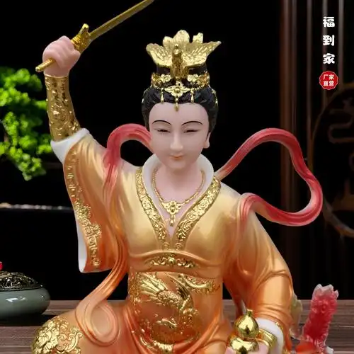 佛道家九天玄女神像 坐石九天娘娘树脂 汉白玉溢彩黄衣佛像摆件