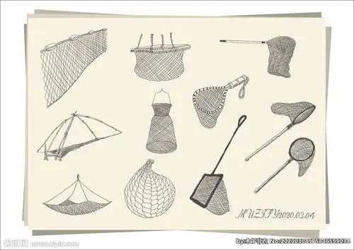 键 词:渔网 渔具 网兜 网篮 捕鱼用具 手绘稿  设计