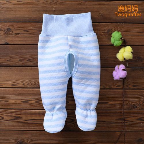新生儿带包脚开裆裤春秋夹棉宝宝保暖高腰护肚脐裤子婴儿开档秋裤