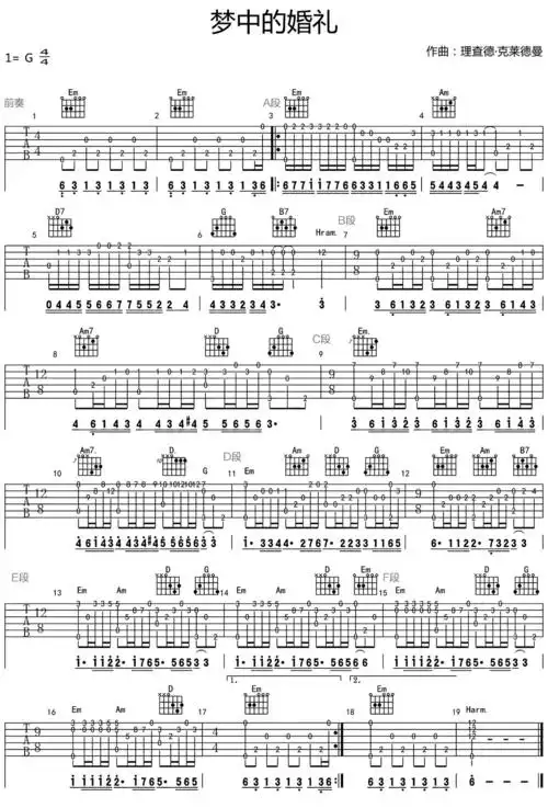 指弹独奏《梦中的婚礼》吉他谱_g调简单和弦编排_17吉他网视频指弹
