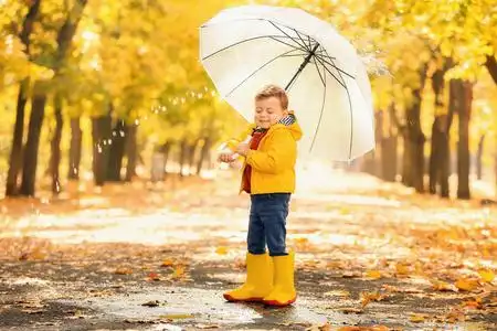 秋天公园里可爱的小朋友们带着树叶白色背景上的白色小南瓜美丽的秋天