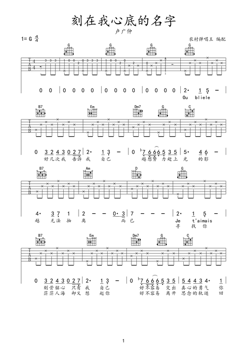 卢广仲刻在我心底的名字吉他谱